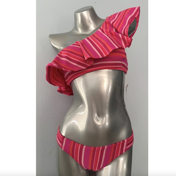 Trina Turk Other - Trina Turk Pink & Orange One-Shoulder Ruffle Stripe Bikini